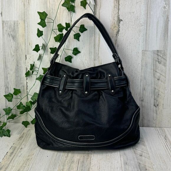 Cole Haan Black Leather Pebbled Satchel Handbag Metallic Trim Large Bag Purse - Picture 1 of 8